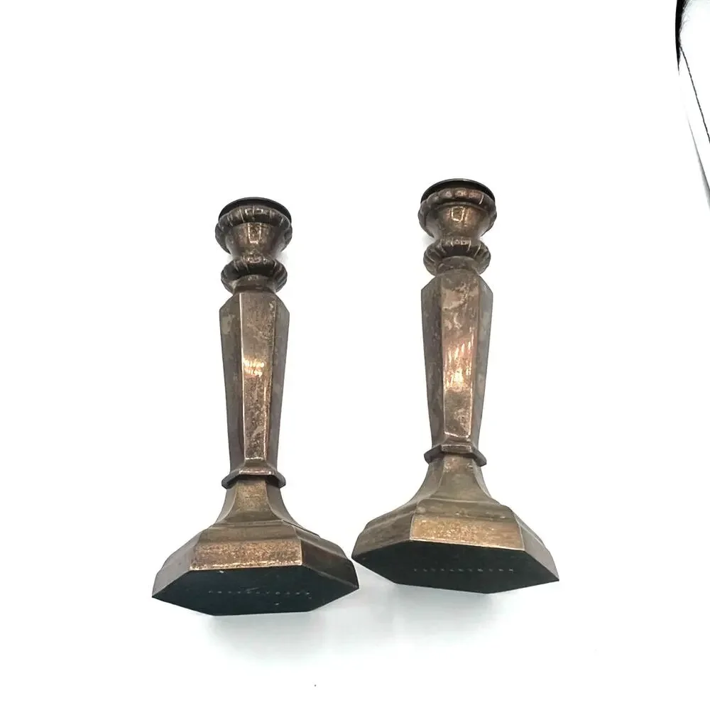 Vintage Pottery Barn Silver Candle Stick Holders Hexagon Heavy‎ Set 9.5 Inches